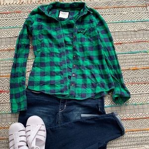 Plaid navy blue and green button down